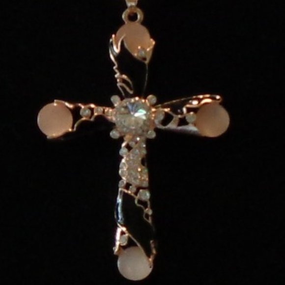 Beautiful Big Black Enamel & PINK Cabachon Cross Necklace - Picture 1 of 4